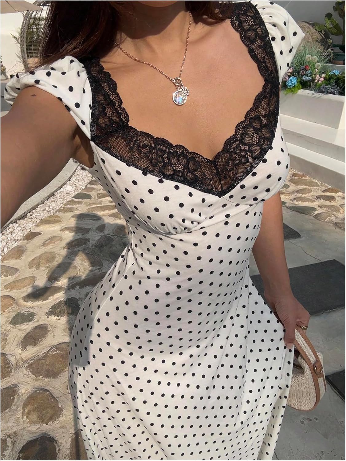 Milumia Women's Polka Dots Lace Trim Maxi Dress Sweetheart Neck Short Sleeve A Line Dresses - Image 2