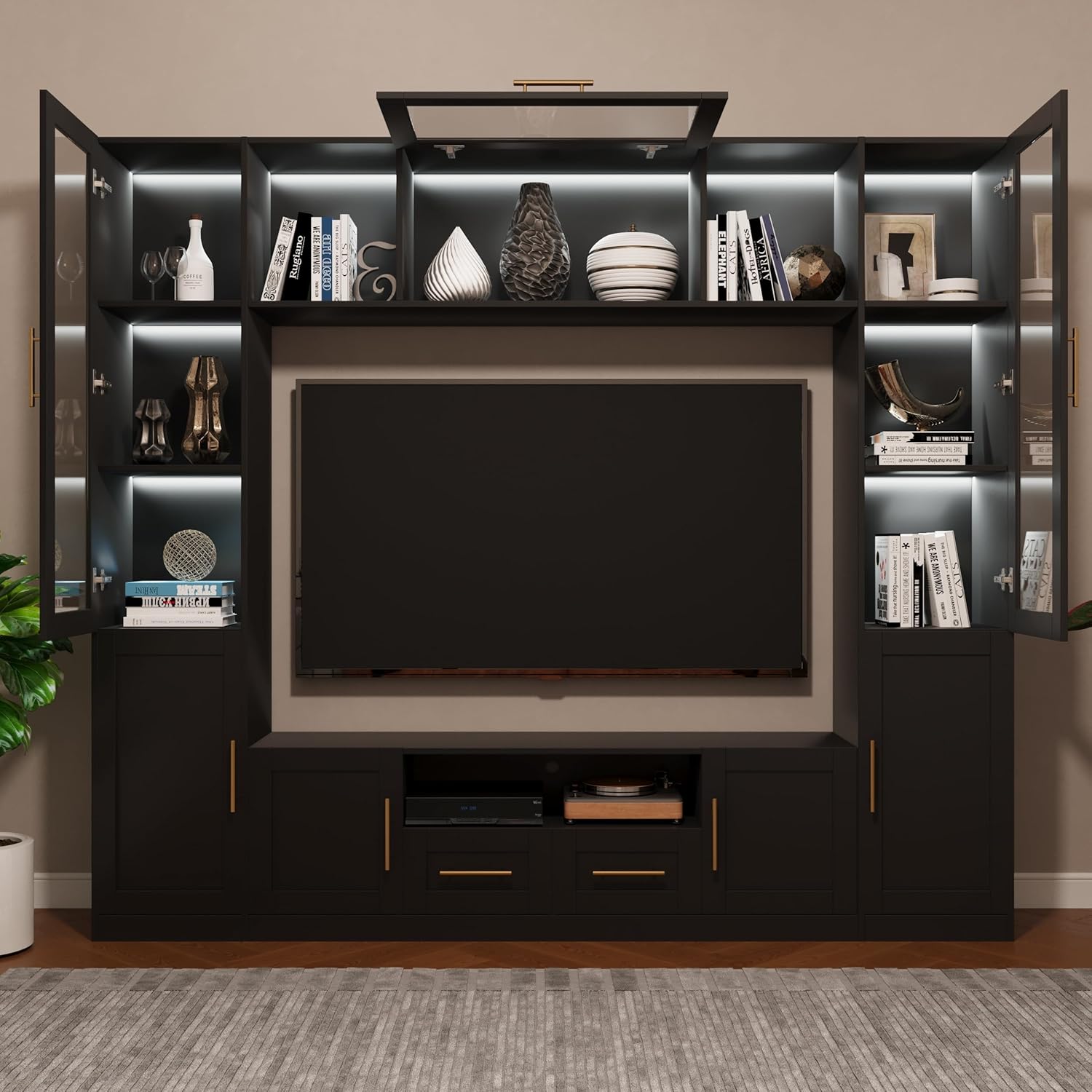 4-Piece Entertainment Center Wall Unit, Multifunctional TV Stand with Tempered Glass Door/LED Lights, Up-Flip Door & Shelves, Large Console Storage Cabinet Set for TVs Up to 70", Black