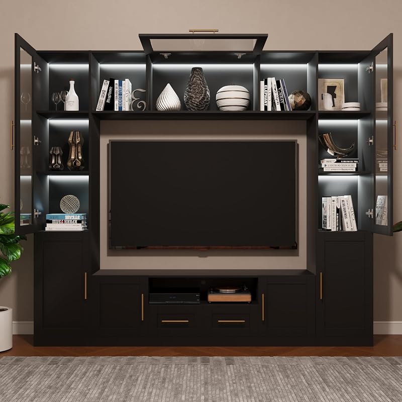 4-Piece Entertainment Center Wall Unit, Multifunctional TV Stand with Tempered Glass Door/LED Lights, Up-Flip Door & Shelves, Large Console Storage Cabinet Set for TVs Up to 70", Black image 3