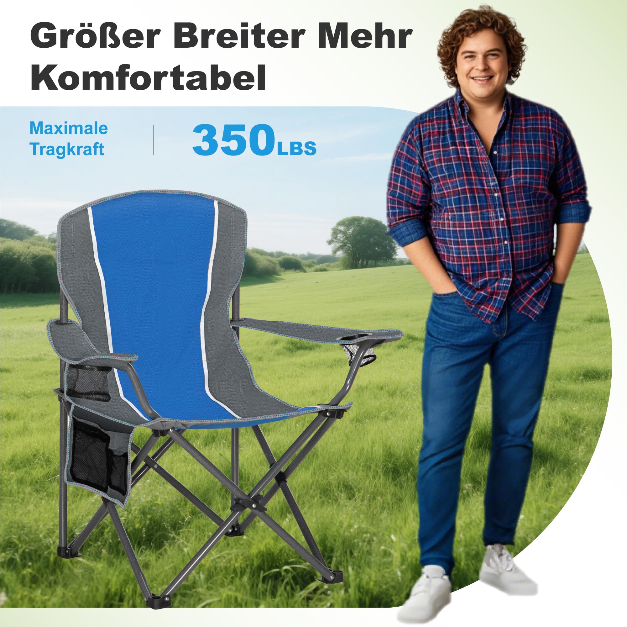 LET'S CAMP Silla plegable para camping, hasta 160 kg | Con soporte para bebidas, bolsa de transporte XL, silla plegable, color azul