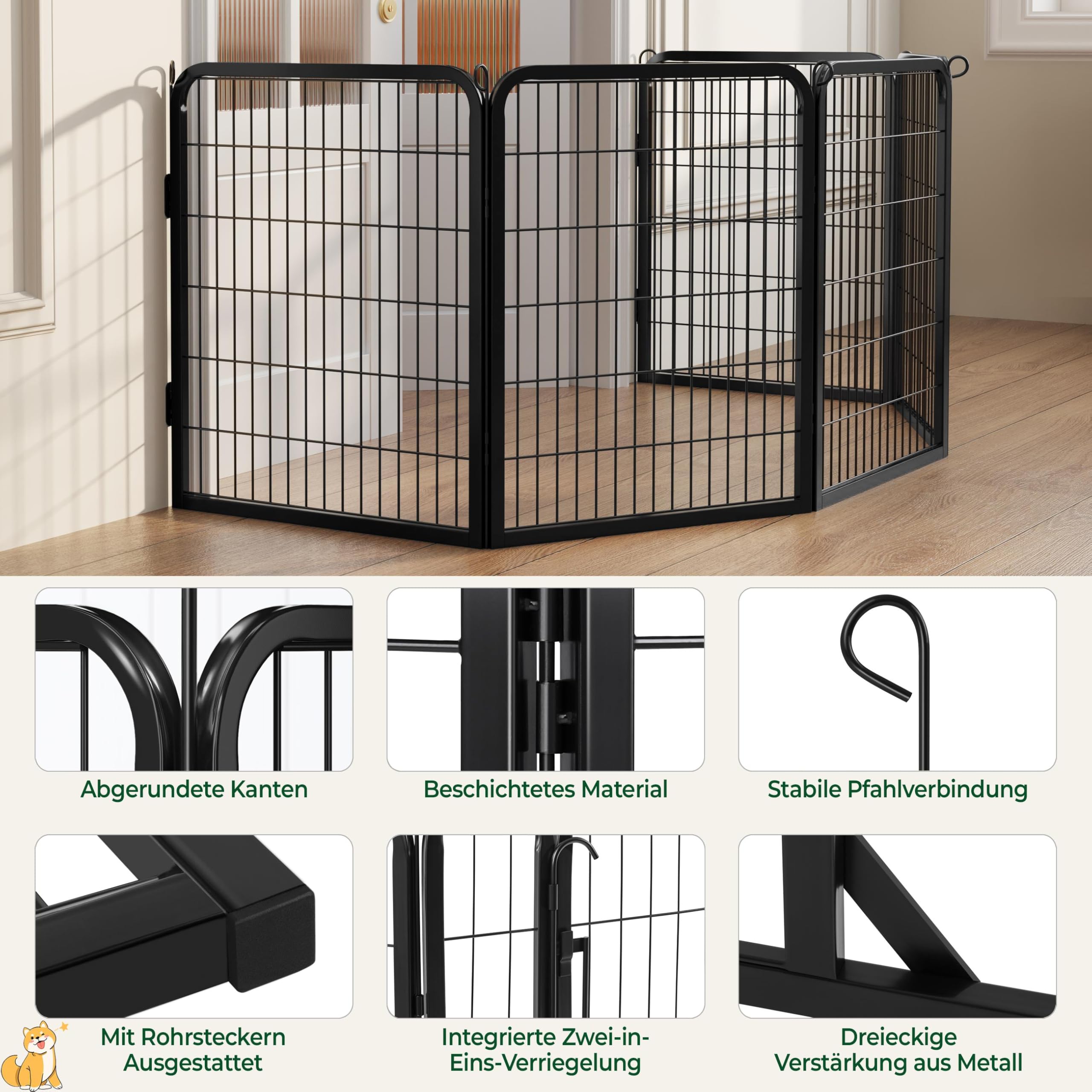 Yaheetech Caño para Cachorros de 80 cm de Alto, 8 Piezas, Plegable, cercado Libre, Bloqueo automático, Parque para Cachorros para Perros, Gatos, Conejos, Montaje sin Herramientas