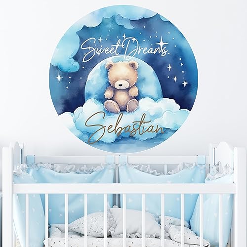 WM831 - Calcomanía de pared de oso de peluche, decoración de guardería con nombre personalizado para bebés niños o niñas, calcomanía extraíble para