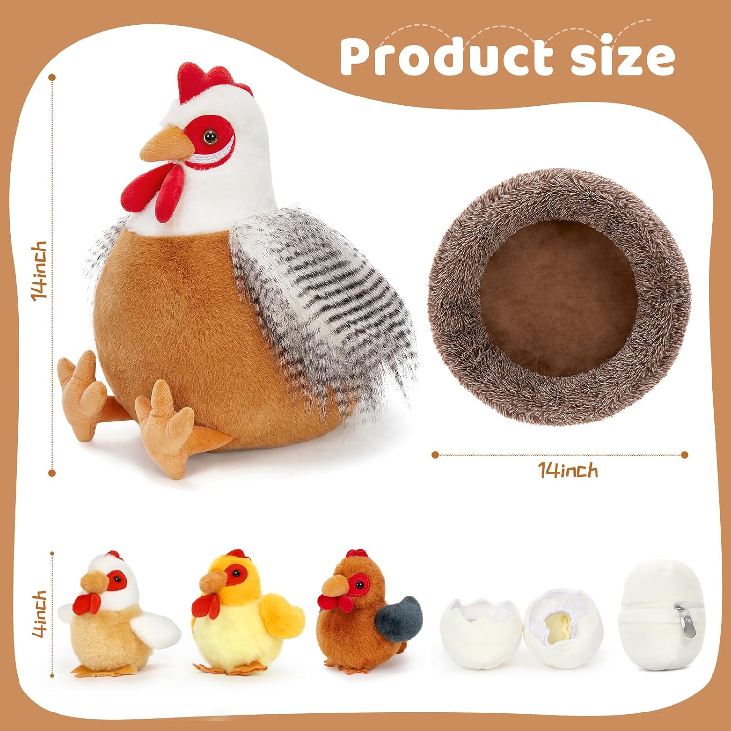 MaoGoLan 8Pcs Chicken Stuffed Animals, Stuffed Laying Hen Chicken Plush Toys with 3 Babies Chickens and 3 Eggs,1 Nest House Plush Set, Cute and Soft Farm Stuffed Animals Gift for Kids,Girls,Boys,White