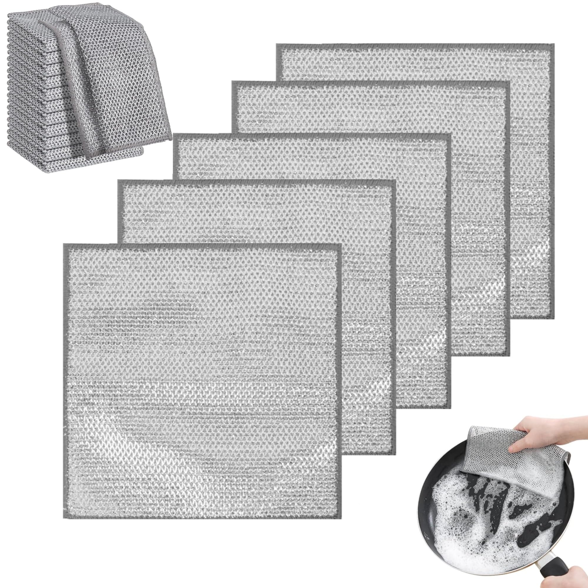 Ruiengcomm Grey 15 Pcs Double Sided Wire Dishwashing Cloth Rag Wet And Dry Two Reusable Kitchen Cleaning Dish Towels Multipurpose Non-Scratch Scrubbing Wire Dishwashing Rags (Double-Deck)