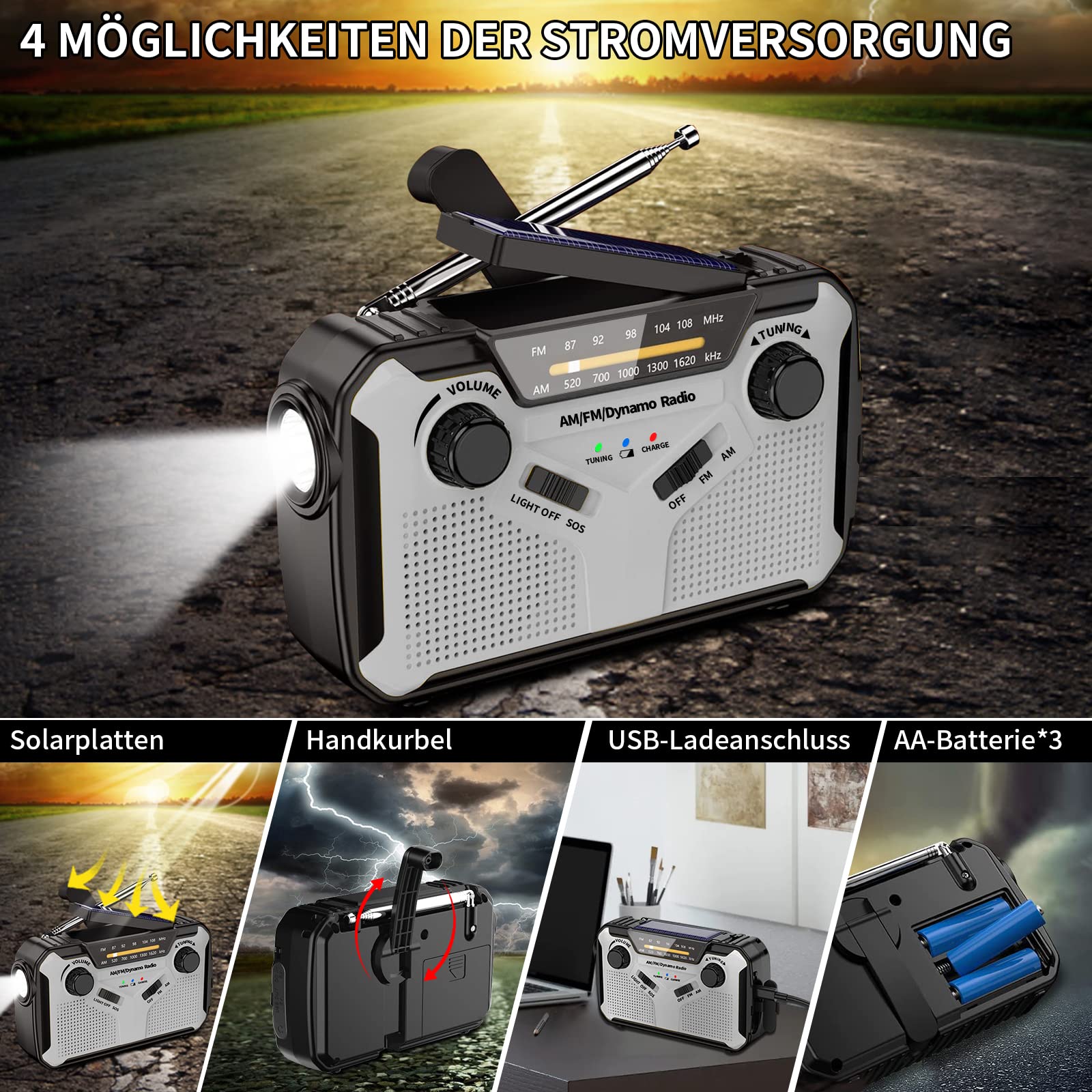 Solar Radio, AM/FM Tragbar Kurbelradio Dynamo Notfallradio mit 4000mAh Wiederaufladbare Batterie, Led Taschenlampe, SOS-Alarm für Camping, Ourdoor, Notfall (Grey)