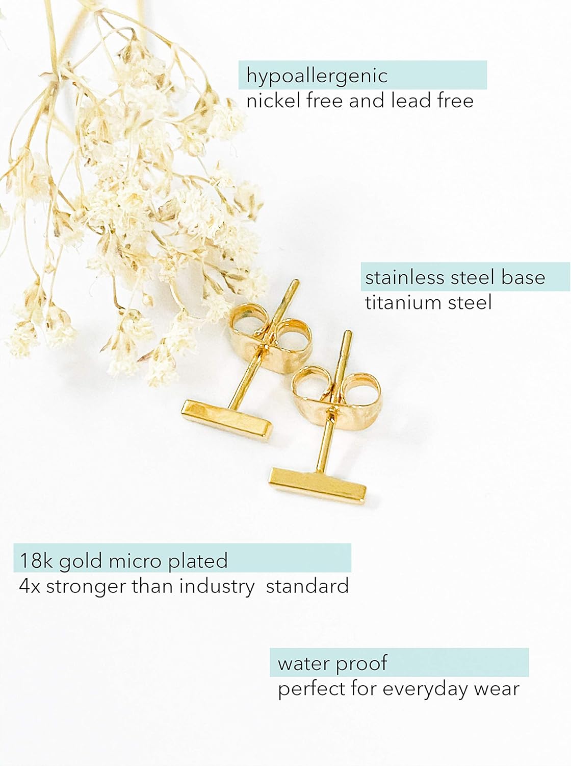 Altitude Boutique 18K Gold or Silver Bar Studs | Small Bar Earrings | Hypoallergenic Stud Earrings for Women | Delicate Jewelry - Image 2