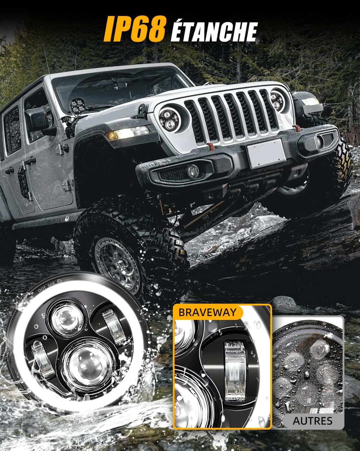 BraveWAY Phare Led 7 Pouces 80W 15000LM, 4 Modes Eclairages 4 Lentilles Angel Eyes, Dot Approuvé Hi Lo Beam Avec Drl Ambre Blanc, Câble H4-H13 Compatible Avec Wrangler Jk TJ LJ CJ Hummber H1 H2