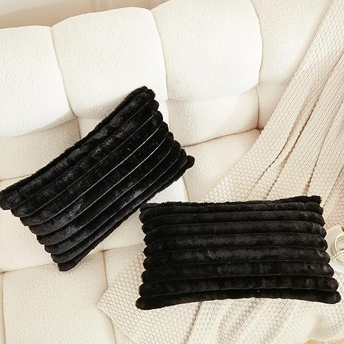 Miniatura 2 de JAUXIO Juego de 2 fundas de almohada de piel sintética sólidas, decorativas, texturizadas, a rayas, esponjosas para sofá, sala de estar, 12 x 20