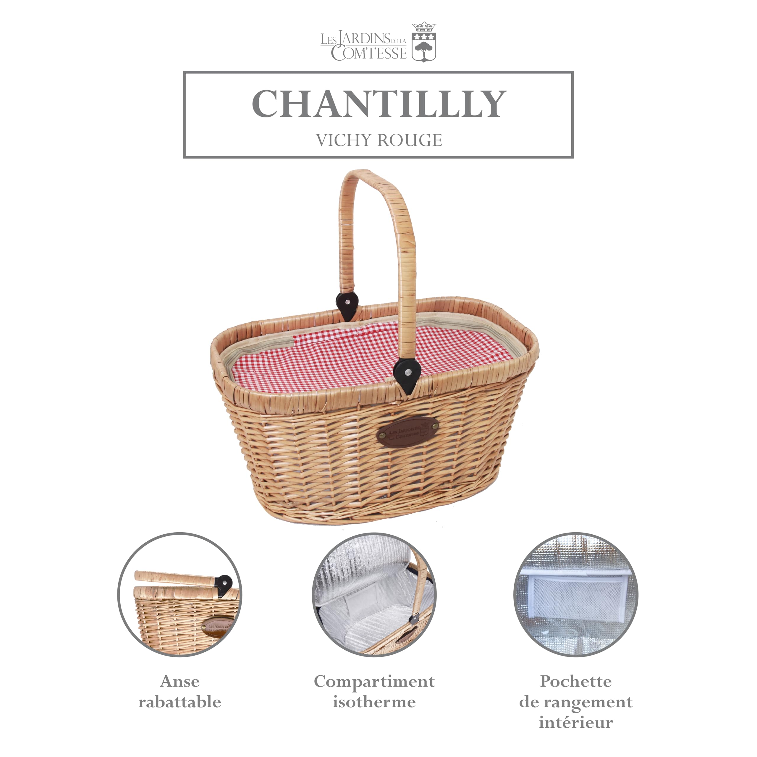 Les Jardins de la Comtesse - Cestino da Picnic "Chantilly Vichy Rosso" di Vimini - Scompartimento Isotermico Fisso - Per il Mercato, il Picnic/la Spiaggia - Maniglia Pieghevole - 48 cm x 29 cm x 27 cm