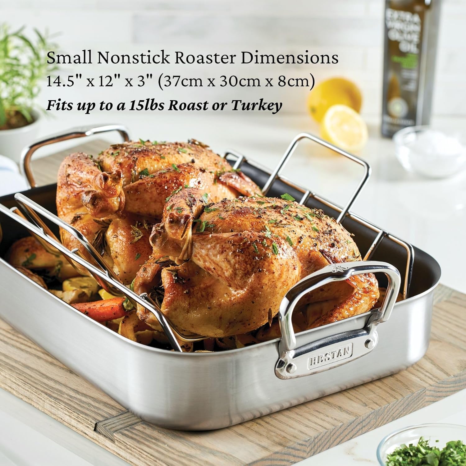 Small Stainless Steel Nonstick Roaster with Rack and Handles