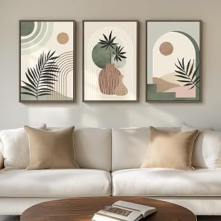 Framed Boho Sage Green Wall Art for Living Room, 3 Piece Bohemian Leaf Sun Pot Canvas Artwork for Walls, Large Mid Century Boho Paintings Prints for Bedroom Hallway Office Wall Decor, 16 x 24 Inch