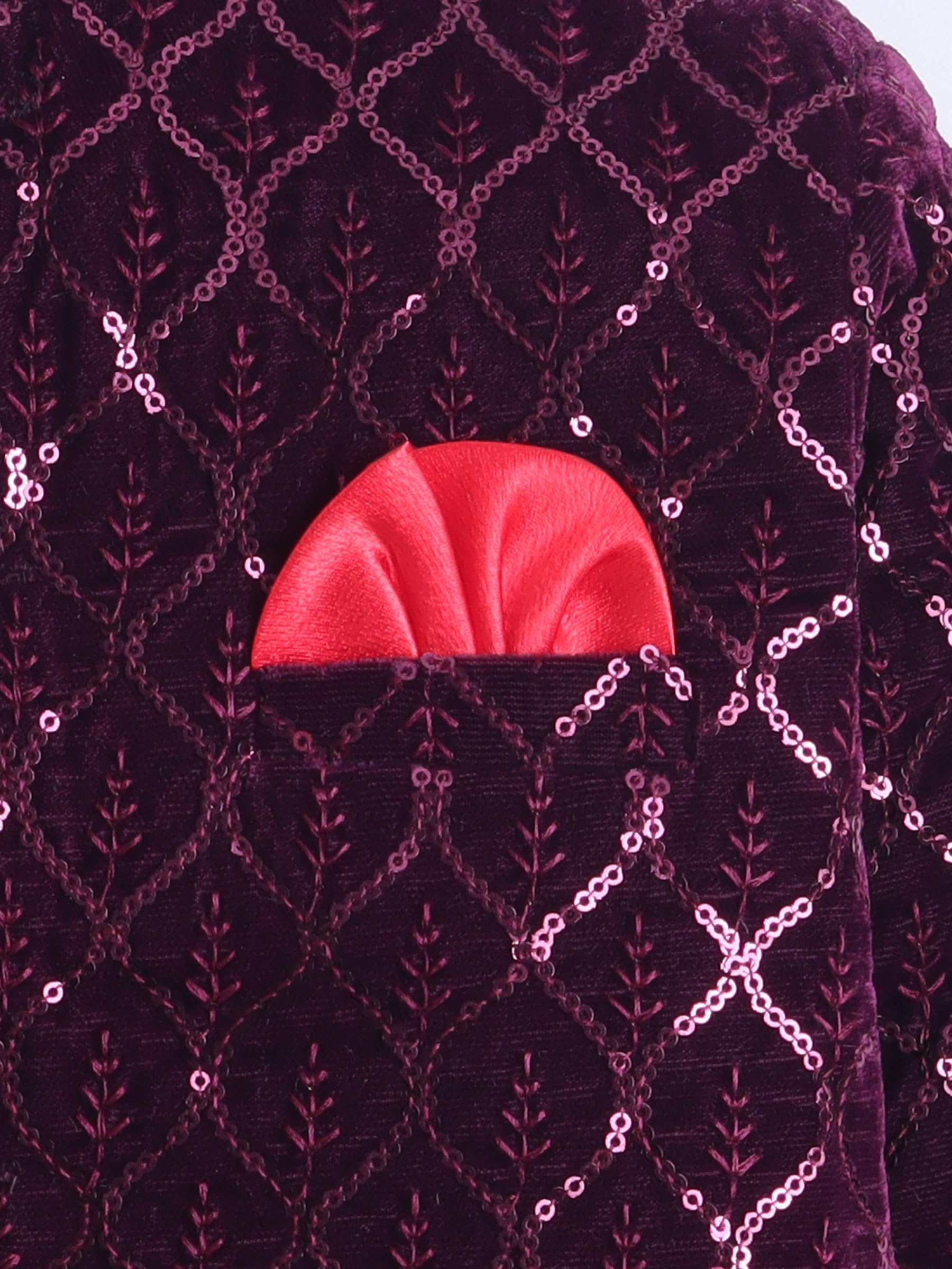 FOURFOLDS Boys Velvet Leaf Motifs Sequined Jodhpuri Blazer & Trouser Set- Wine 3