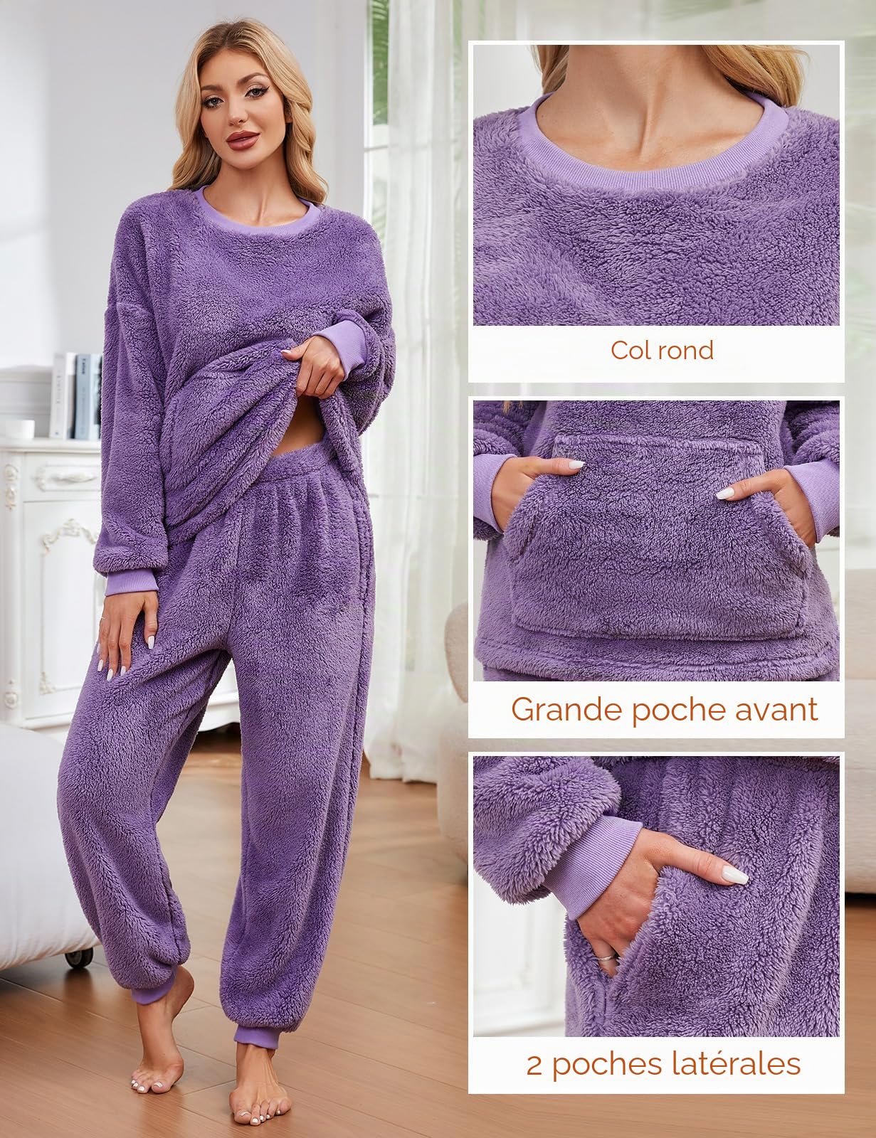 UMIPUBO Pyjama Femme Hiver Pilou Polaire Ensembles de Pyjamas Chaud Flanelle Vêtements de Nuit Manche Longue Haut et Pantalon avec Poches Doux Chic Coupe Ample Sleepwear Loungewear Noel