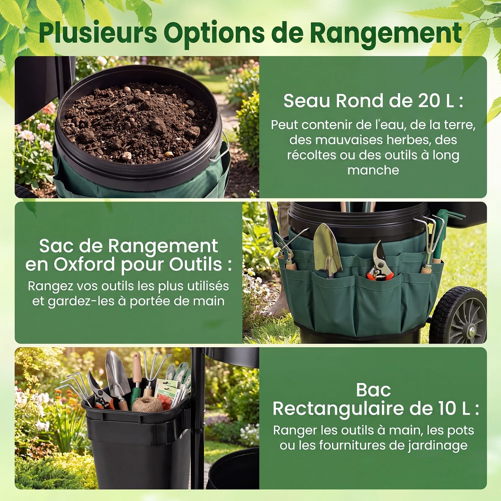 COSTWAY Chariot de Jardin à roulettes, Chariot d’Outils Mobile avec Seau 20L Bac 5L, Sac en Tissu Oxford Panier Rond, Organiseur de Transport pour Ranger Déchets Pelouse Outils Jardinage