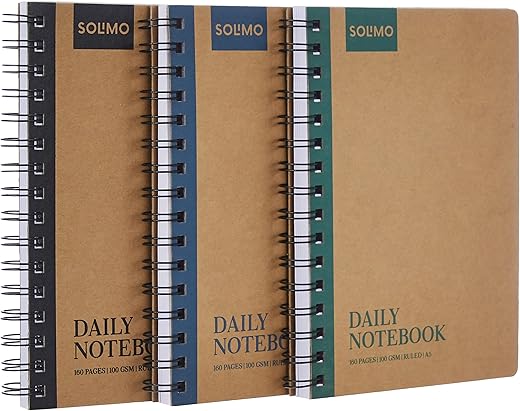 Amazon Brand – Solimo Notebooks, Spiral-Bound, Kraft Cover, Lightweight, Pleasing Designs (A5, 160 Pages, 70 GSM, Set of 3)