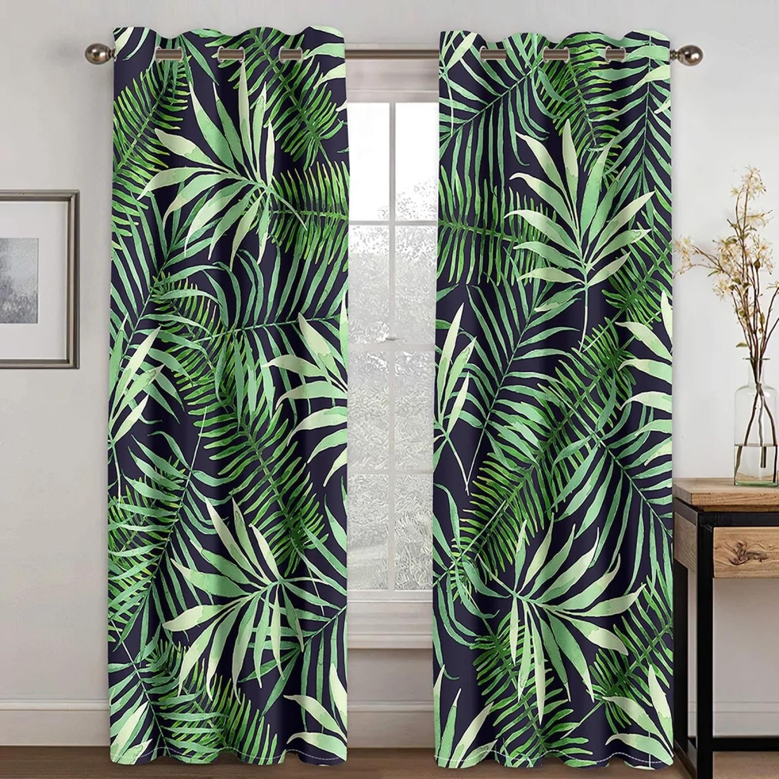 Ikdzcm Window Curtains 3D Tropical Printed Blackout Curtains For Living Room Nordic Green Leaves Palm Polyester Curtain For Bedroom Window Treatments Wxh/2X49x71inch Thermal Insulated Window Treatments Grommet Top