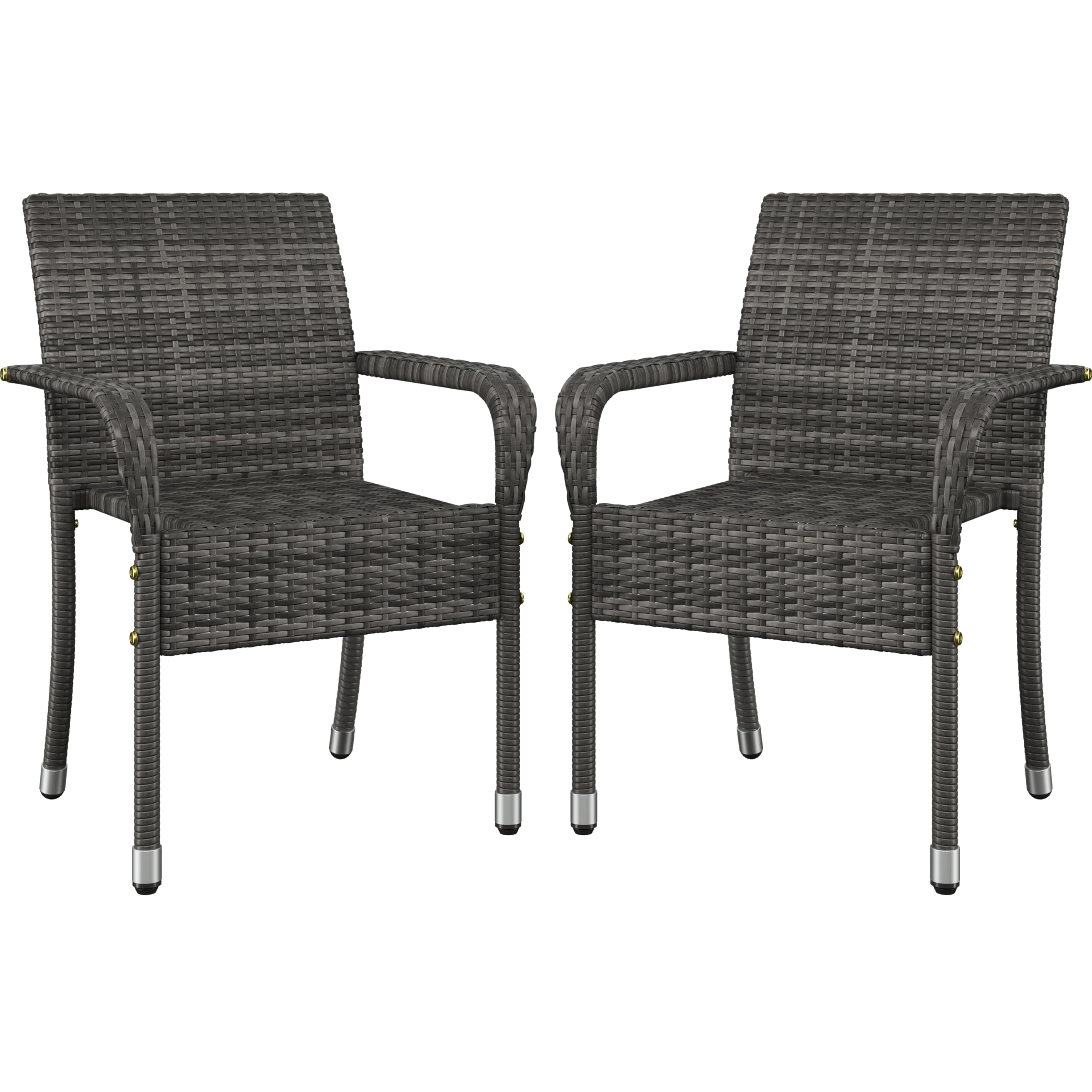 Yaheetech Set of 2 Stackable Outdoor Rattan Dining Chairs, All-Weather Firepits Armchair w/Armrests, Steel Frame for Garden, Patio, Deck, Yard, Poolside, Gray