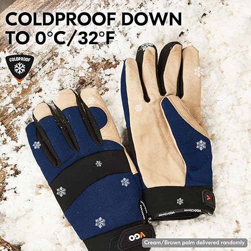 Miniatura 3 de Vgo... - 1 par de guantes de trabajo para invierno de cuero de cerdo y forro para temperaturas de 32F o más, guantes de seguridad (talla XL, azul,