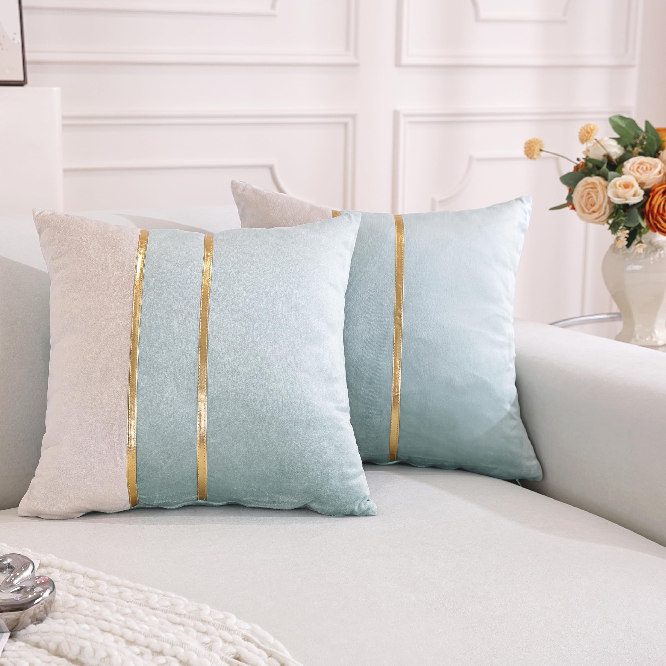 TAOSON Velvet Throw Pillow Covers,Pack of 2 Soft Decorative Cushion Covers Cases Aqua Beige Patchwork with Gold Leather for Sofa Bedroom Livingroom Car, 18 x 18 Inch — image 1