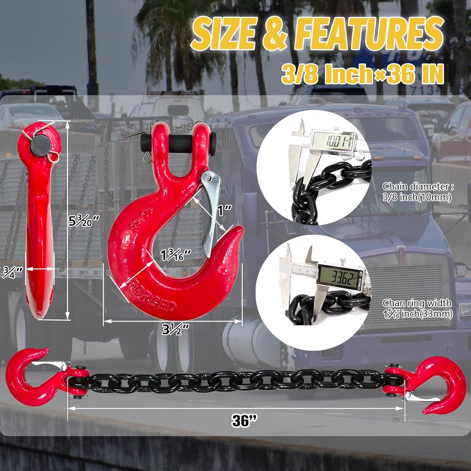 2 Pack 3/8" Trailer Safety Chains G80 36" Trailer Chains with G70 2× Clevis Safety Hooks|7100 lbs Working Load 27000 lbs Break Strength Heavy Duty Towing Transport Binding - Image 2
