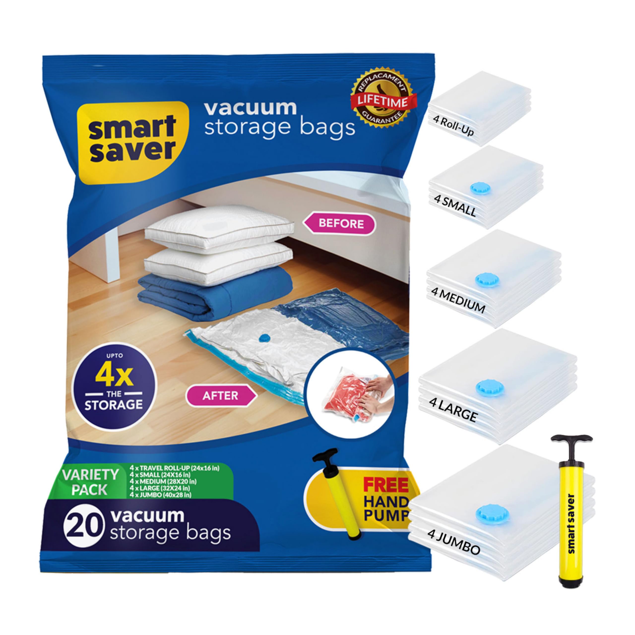 Smart Saver Vacuum Storage Bags, 20 Pack Smart Saver Space Saver (4Jumbo,4Large,4Medium,4Small,4Rollup) Travel Bags,Sealer for Clothes,Comforters,Blankets,Bedding air suction bag with pump