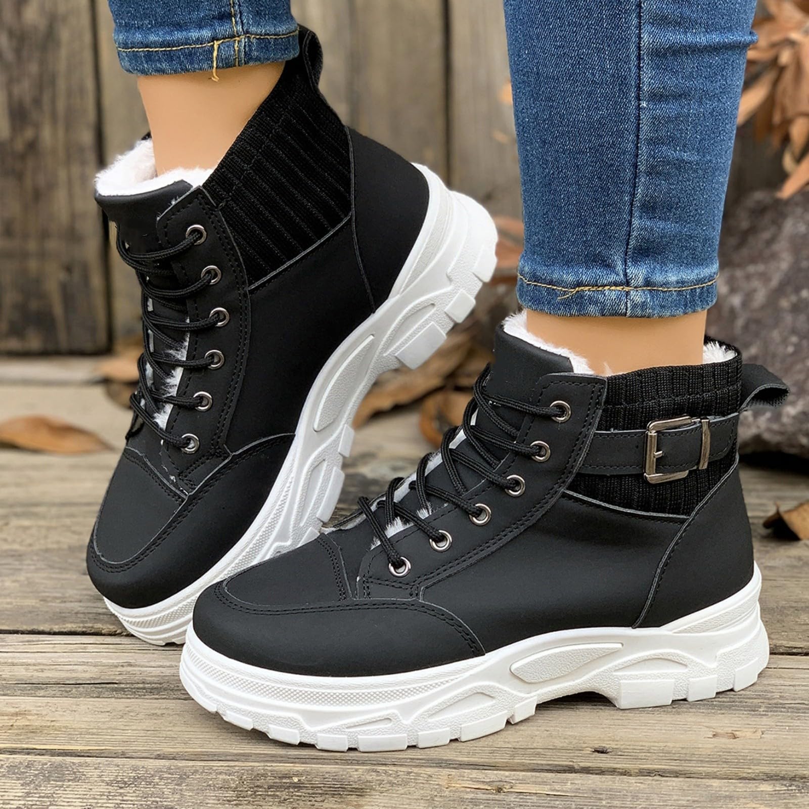 Męskie zimowe trampki z wysoką cholewką, ciepłe, z podszewką z futra, na co dzień, sznurowane buty do codziennego chodzenia i streetwear, Czarny, 40 EU