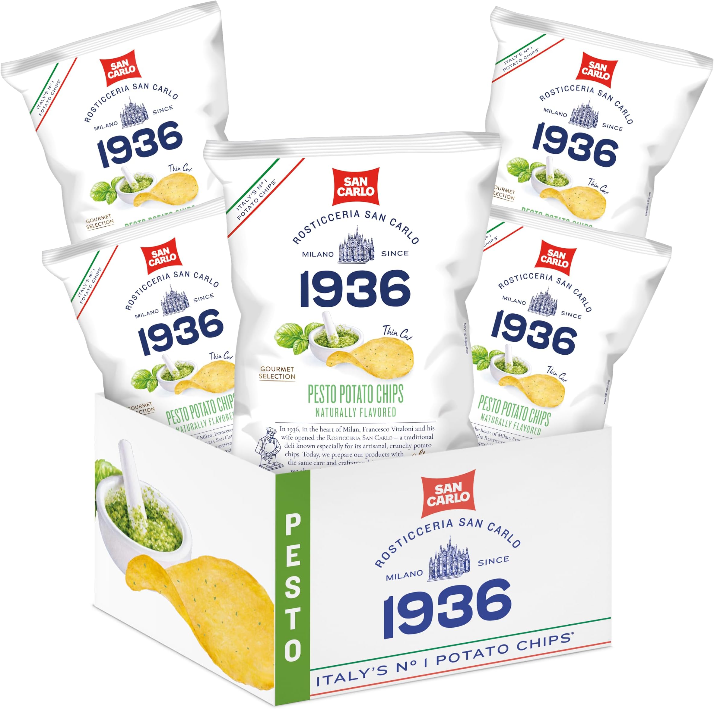 San Carlo Potato Chips – Pesto Flavored – Multipack 5 x 3,5 oz – San Carlo Italy’s N°1 Potato Chips