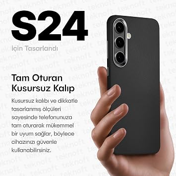 Teknoft Samsung Galaxy S24 için Leth Shield Serisi Parmak İzi Tutmayan Deri Görünümlü Metal Tuşlu ve Metal Lens Çerçeveli Silikon Kılıf (Siyah, Galaxy S24)