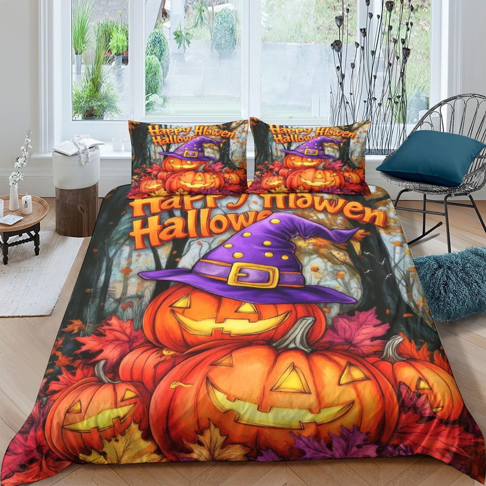 Ctjqhvkz Style-1 3D Printed Halloween Pumpkin Fitted Sheet Microfiber Soft Orange Witch Hat Bed Cover For Bedroom Dorm Decor Protection Single（135X200cm）