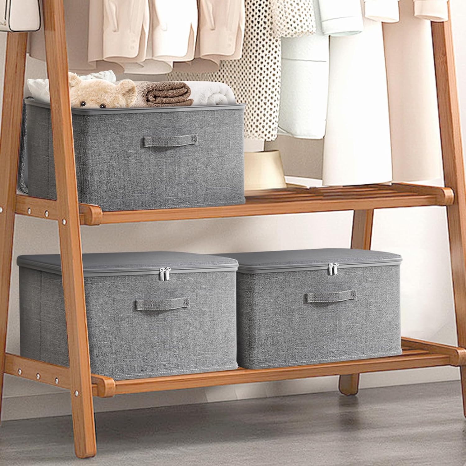 Collapsible Storage Bins for Home Organization,Grey storage Bins Waterproof Fabric Foldable Organizer Boxes [3 Pack], 19.29in x 14.57in x 12.2in (49CM x 37CM x 31CM)