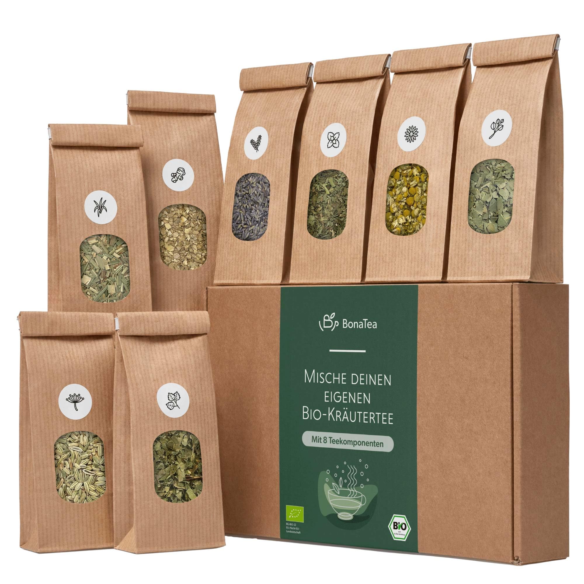BIO Kräuter Tee Geschenkset mit 8 Tee-Sorten DIY Teemischung Selber Machen