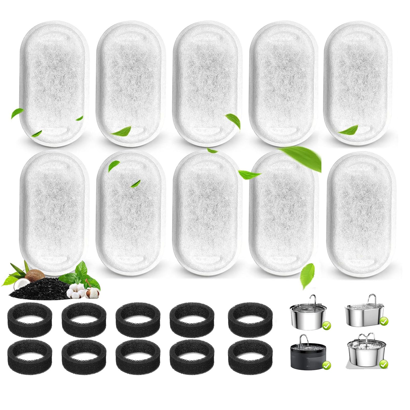 TuTuYa 20PCS Cat Water Fountain Filter, 10 Pack Cat Fountain Filter Replacement with 10 Sponges, for 108oz/3.2L & 67oz/2L Stainless Steel Pet Water