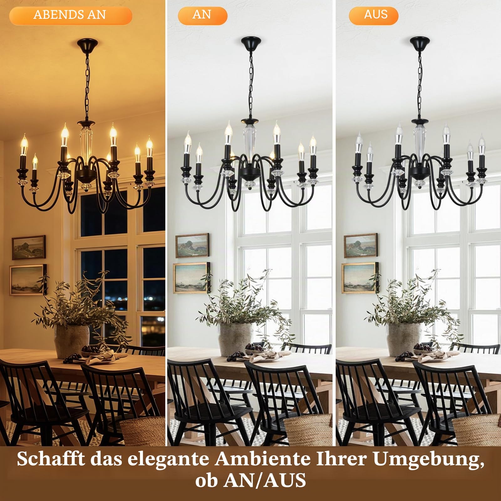 Kronleuchter Schwarz, 8 Flammig Rustikale Kronleuchter Vintage Pendelleuchte Wohnzimmer, Antik Deckenlampe Schlafzimmer Hängend mit E14 Fassung, Einstellbare Höhe Klassischer Lüster für Esstisch Flur