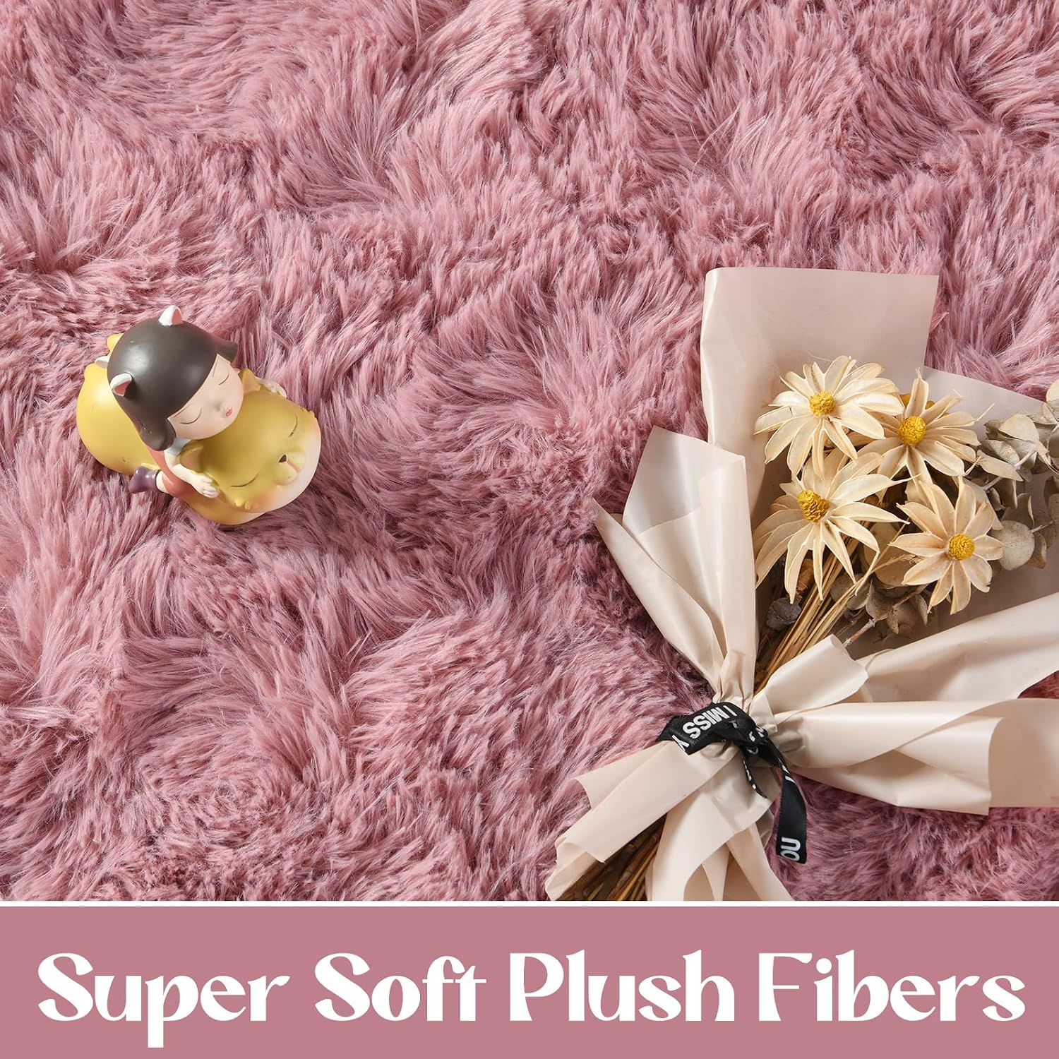 Baby Pink Rectangular Synthetic Fur Area Rug