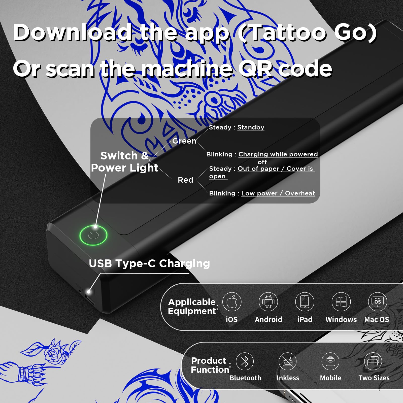 Termocopiadora Tattoo Kit - Maquina de Tatuar Kit Completo con Impresora Tattoo, Maquina Tatuar Inalambrica, Batería de Alimentación de 1500mAh, 20Pzs Agujas Tatuaje para Tatuadores