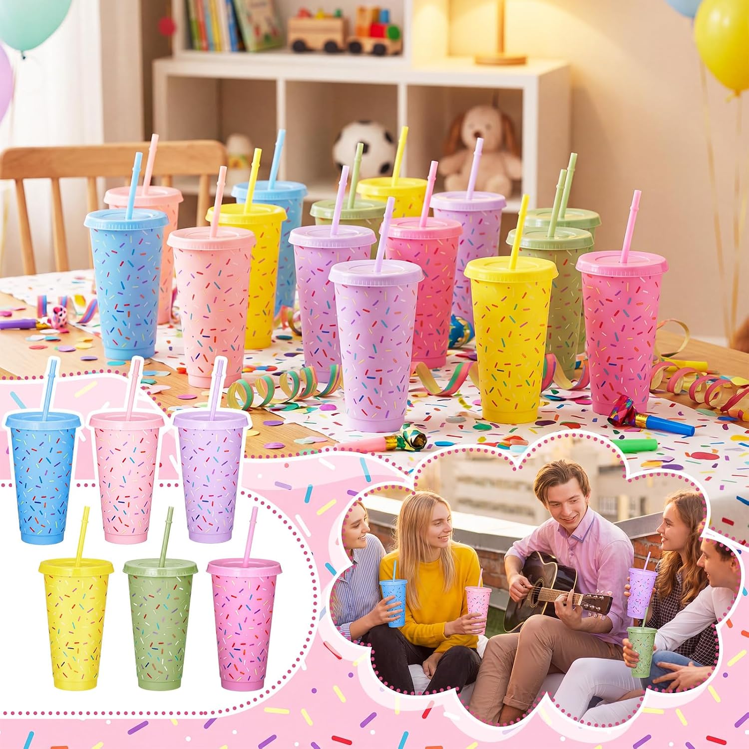 Hushee 24 Pcs Sprinkle Cups 24oz Reusable Plastic Confetti Donut Sprinkles Party Tumblers with Lid and Straws Party Supplies for Sweet Birthday Wedding Baby Shower Decorations