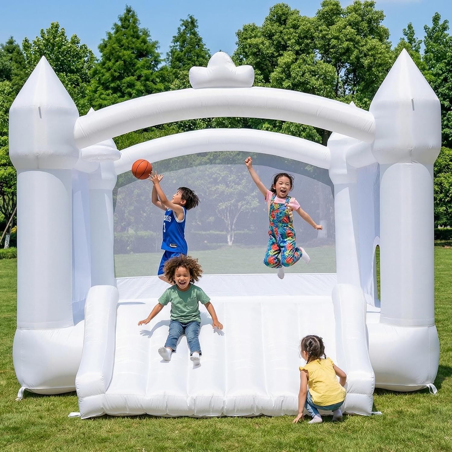 Castello Gonfiabile Bianco per Bambini con Scivolo,Canestro da Basket per Interno Esterno