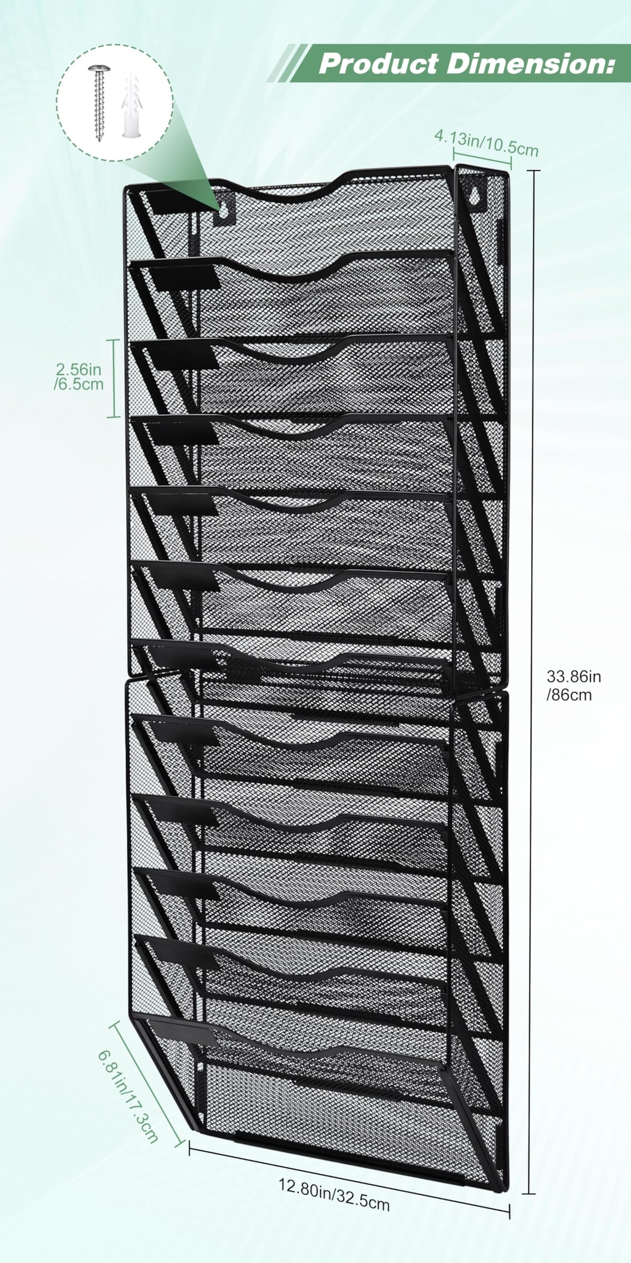 TQVAI 12 Compartimentos Malla Metal Revistero Pared Documentos Organizador Papeles A4 Colgante Oficina Archivador de Organizador Herramientas Pared, Negro