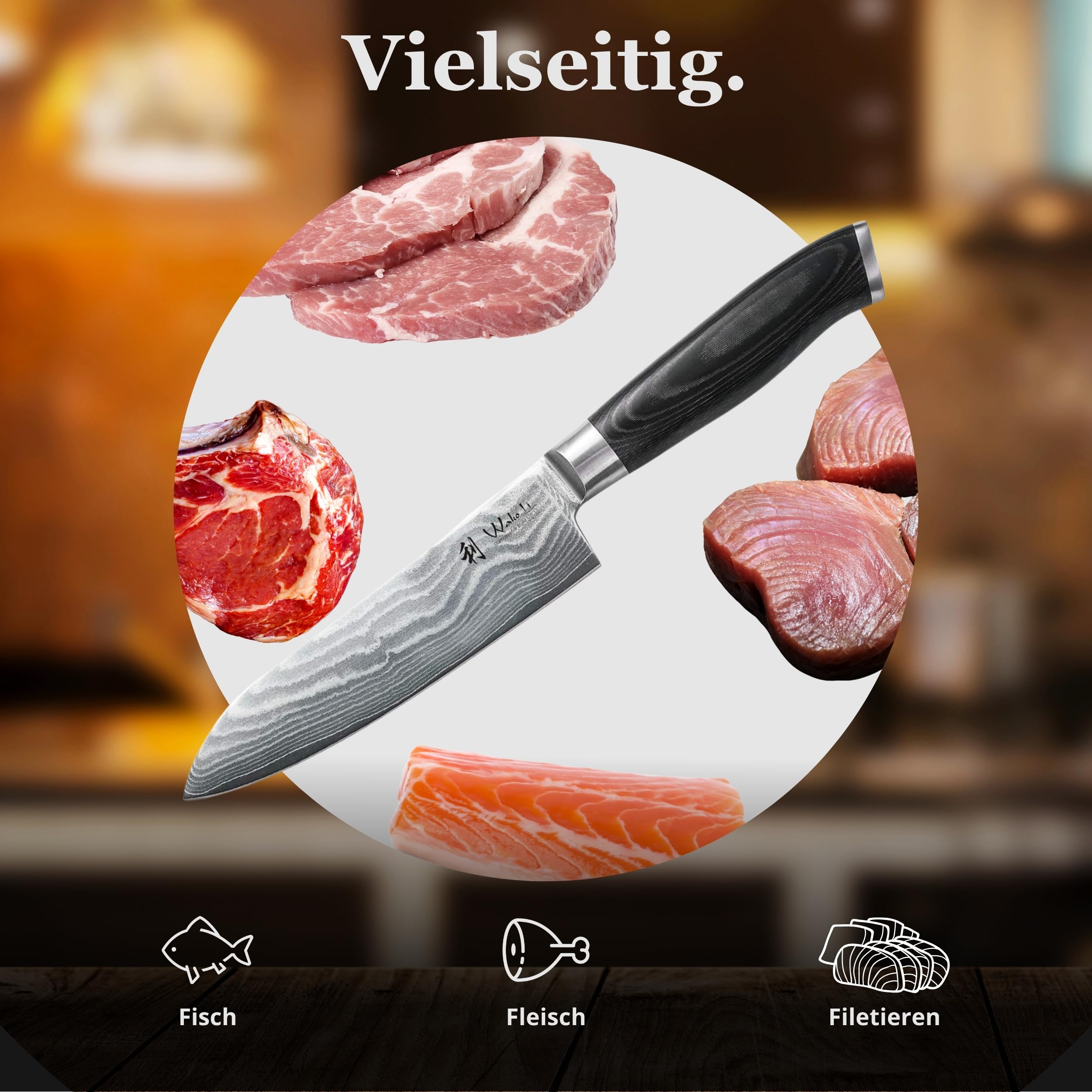 Wakoli Mikata Damastmesser Santoku 17 cm Klinge I aus 67 Lagen I Damast Küchenmesser und Profi Kochmesser aus echtem Damaststahl mit Micarta Griff