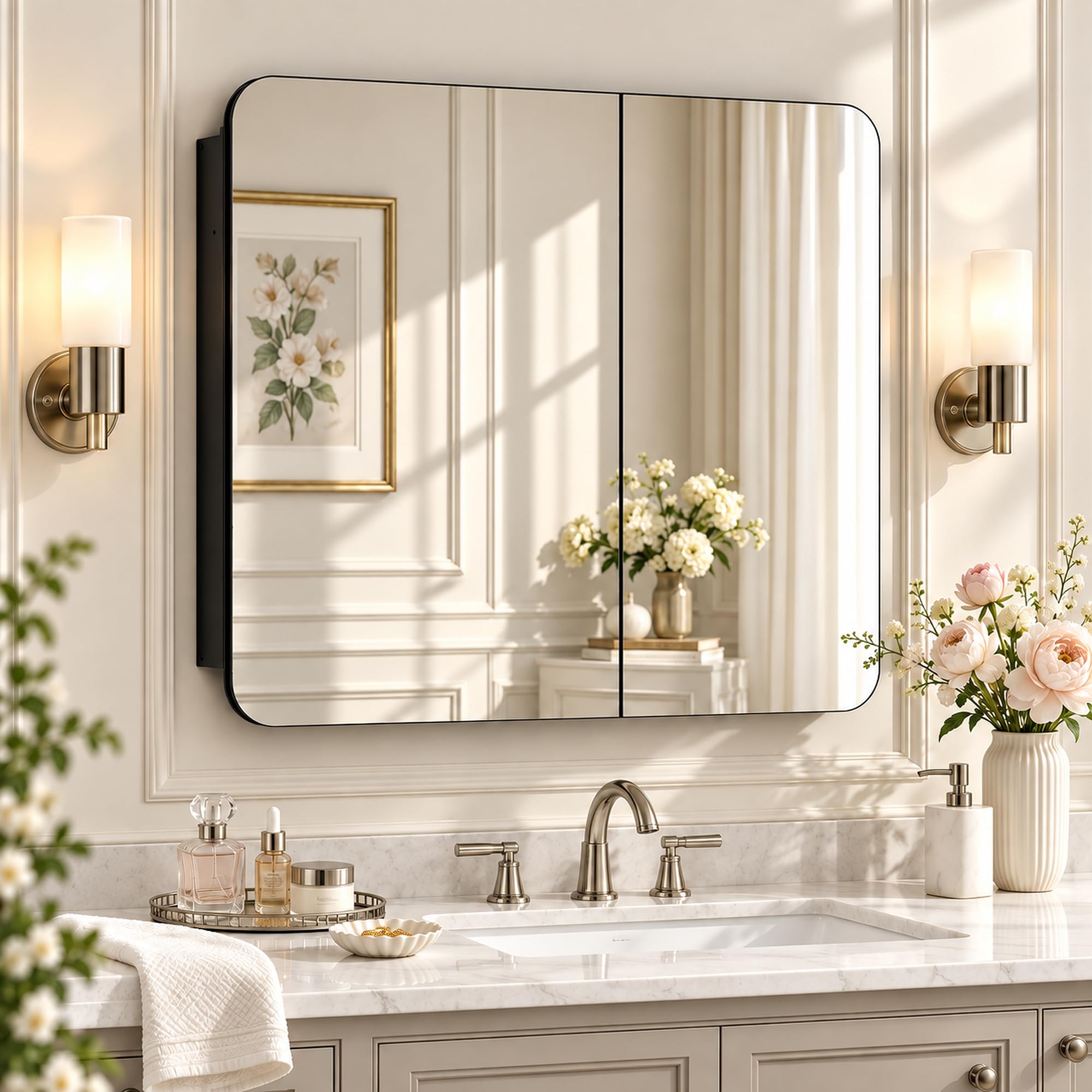 30x26 Black Medicine Cabinet with Mirror, Recessed &amp; Surface Mount