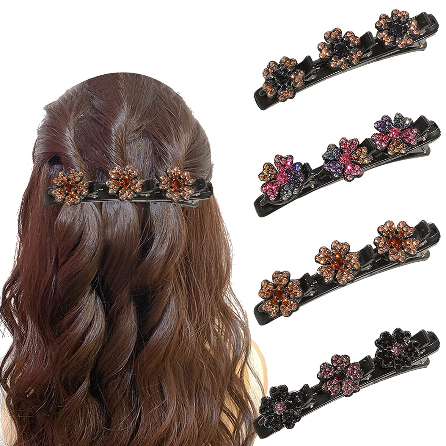 INHEAVEN (MIX DESIGNE) 4PCS Sparkling Crystal Stone Braided Hair Clips, Rhinestones Hairpin Duckbill Clip with 3 Small Clips, Braided Hair Clip with Rhinestones for Women/Girls-image-17