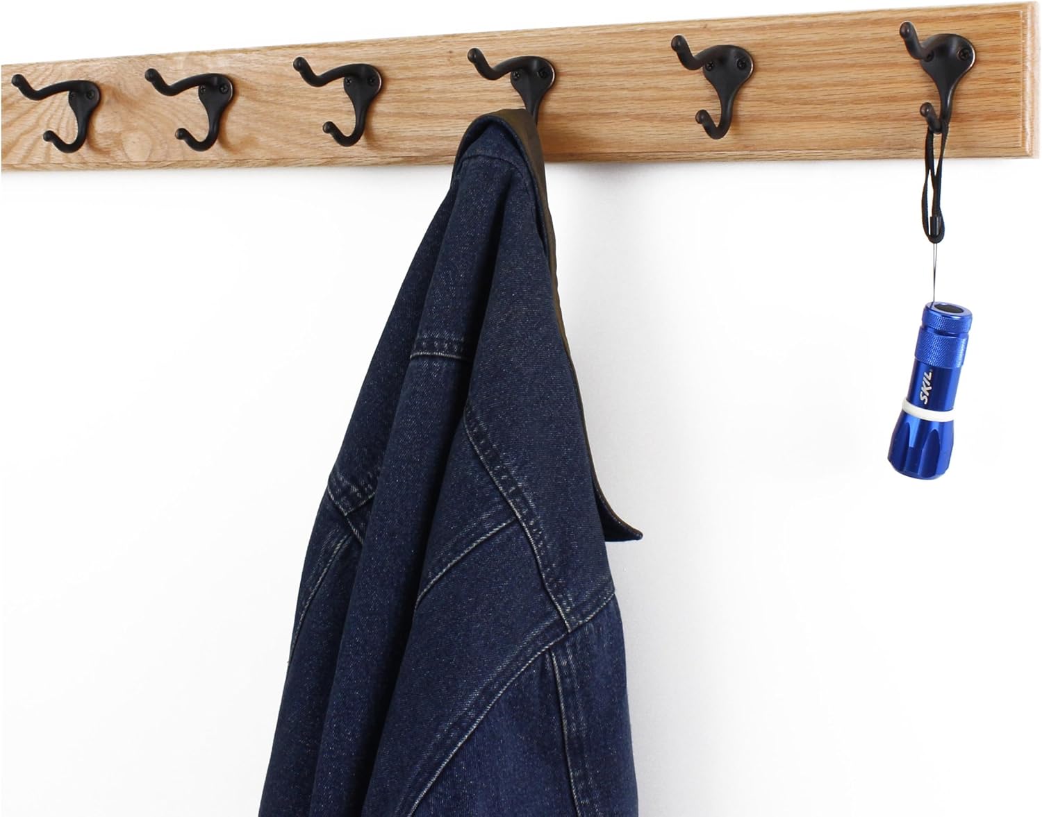 Oak Coat Rack with Oil Rubbed Bronze Hat & Coat Style Hooks (Natural, 15" x 3.5" with 3 Hooks)