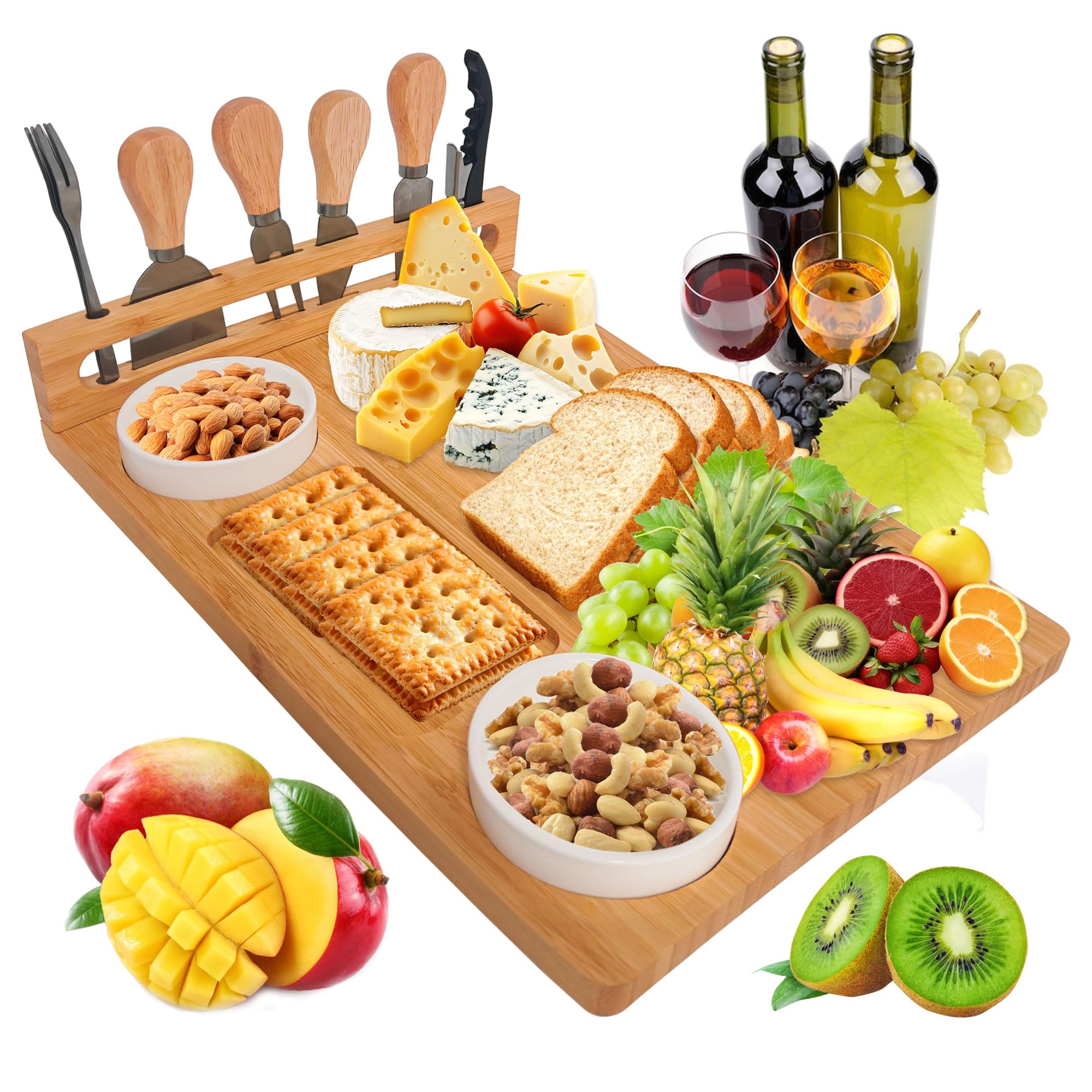 Brown 100% Natural Bamboo Cheese Board Set – Large Charcuterie Board Serving Tray With 4 Cheese Knives, Ceramic Bowls, Wine Opener & Forks Set, Perfect For Housewarming, Wedding, Birthday
