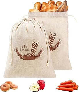 3 Leinen Brotbeutel, 40 x 30 cm Brotsack mit Kordelzug - Frischhalten von Brot, Gemüse & Obst, Wiederverwendbar