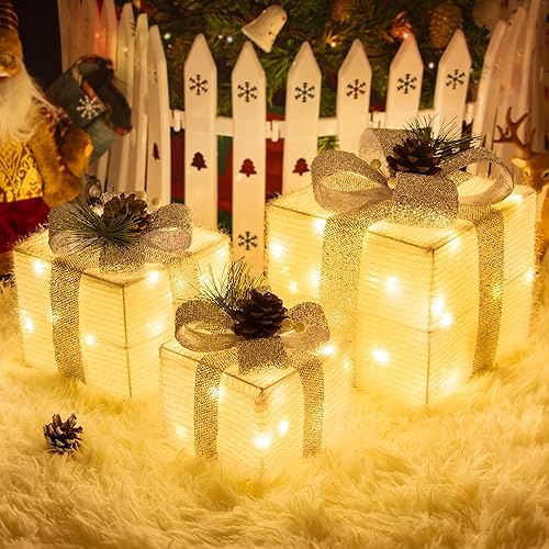 Miniatura 8 de Juego de 3 cajas de regalo iluminadas de Navidad, decoraciones navideñas para interiores y exteriores, 65 cajas de regalo con luz LED enchufables