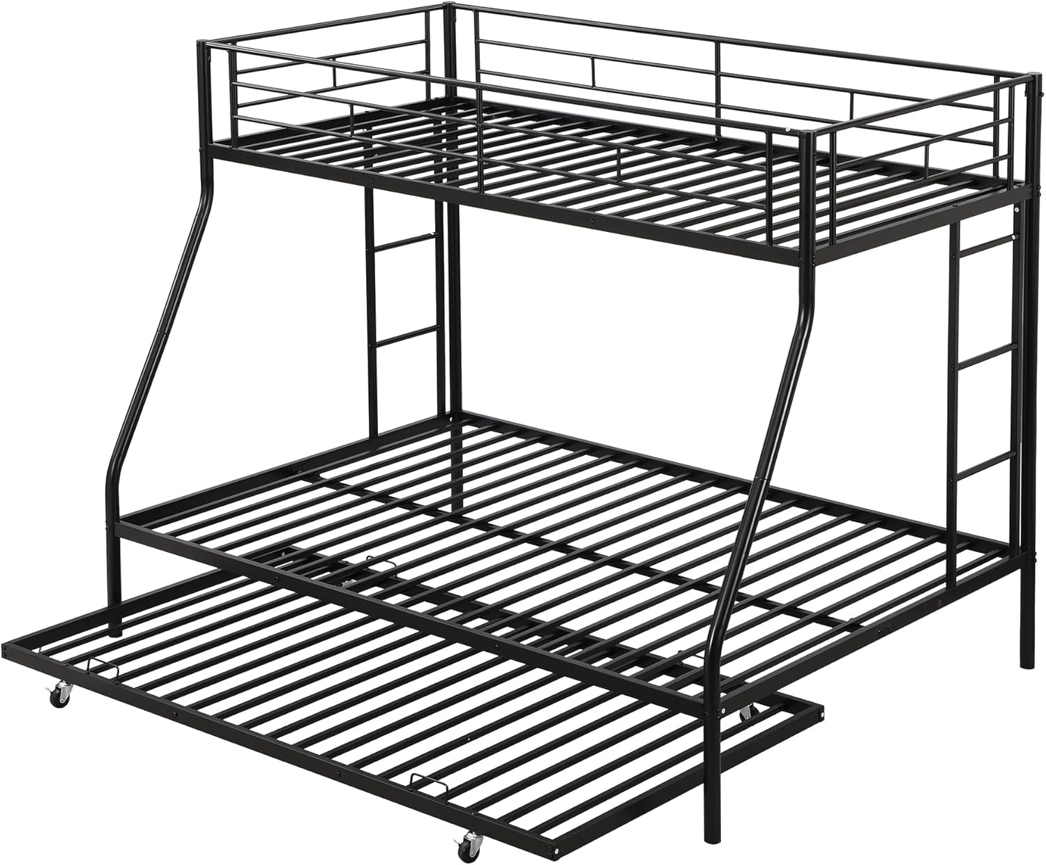 Merax Metal Bunk Bed with Twin Trundle, Twin Over Full Bunk Bed with Safety Guard Rails and Two-Side Ladders, No Box Spring Required, Black