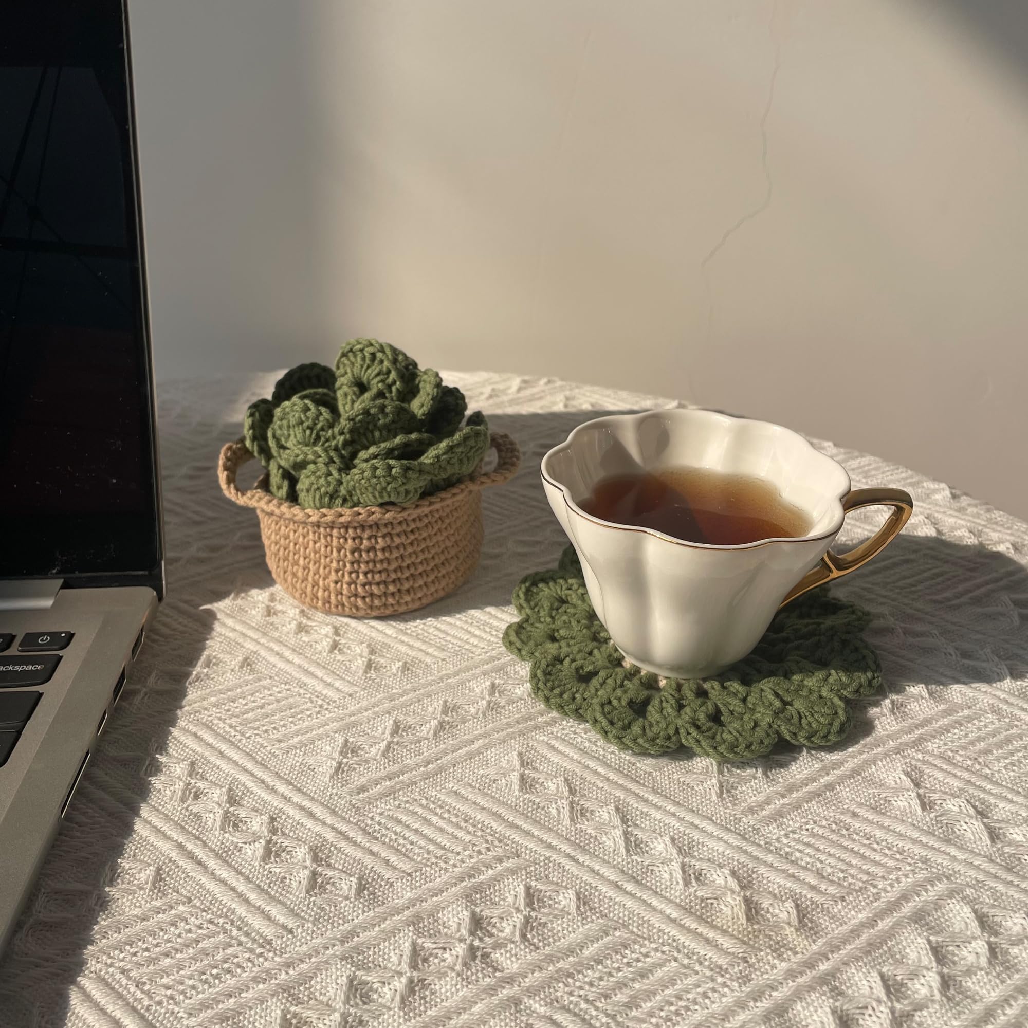 Crochet Flower Coaster Set - 8 Pcs With Storage Basket, Handmade Soft Drink Coasters For Home & Bar