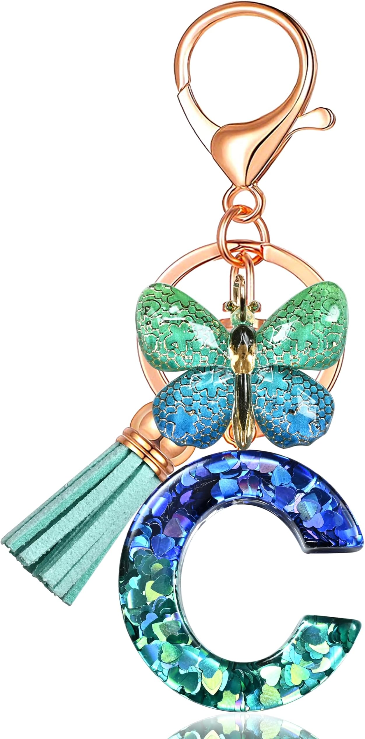 JINGUAZI Initial letter Keychains for Women Tassel Butterfly Pink Purple Cute Car Keychain for Wallet Backpack bag charm