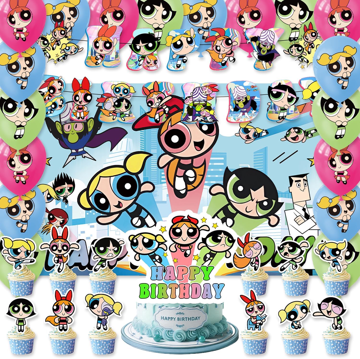 42pcs Power Girls Party Supplies Pack Includes，Banner，Cake Topper，Blackdrop,Balloons for Power Girls party supplies