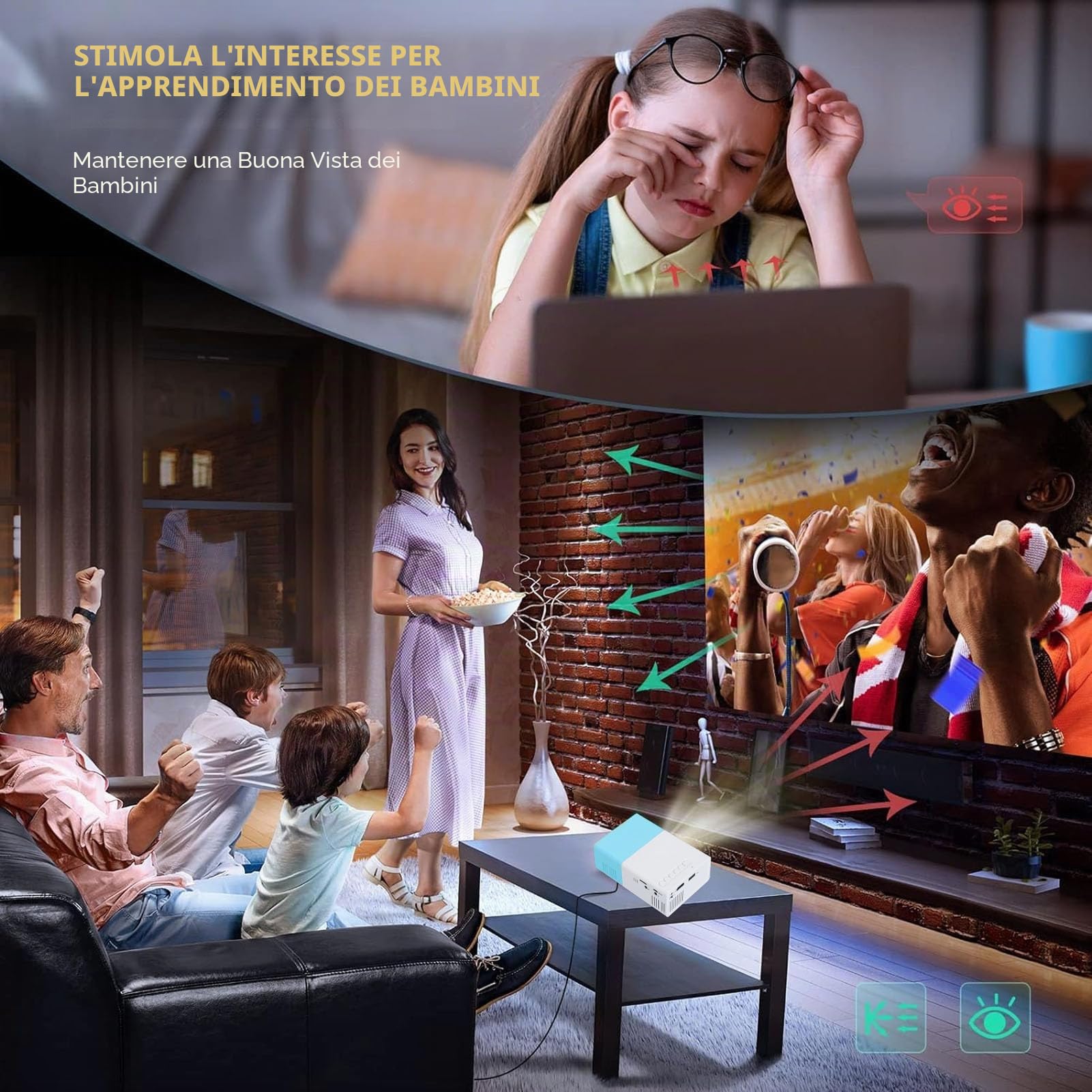 Elprico Mini Proiettore, Videoproiettore Full HD 1080P, Portatile, Blu e Bianco, HDMI, USB, Raffreddamento Attivo, Altoparlante Integrato